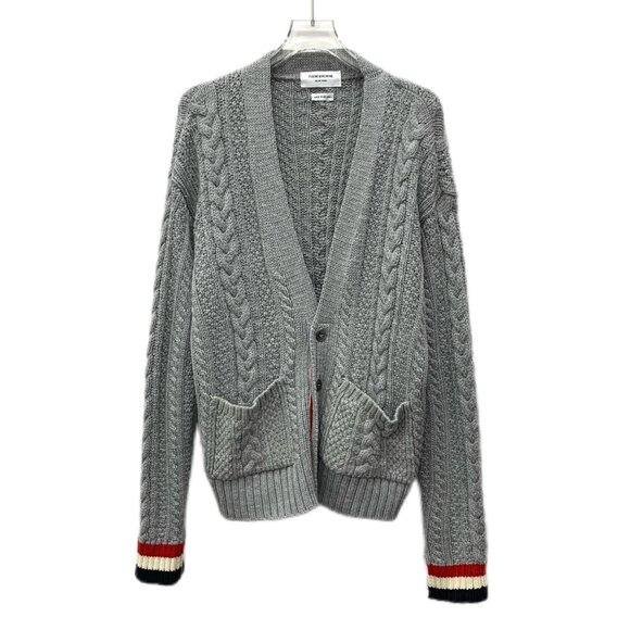 Thom Browne Gray Cable Knit Wool V-Neck Single-Breasted Long Sleeve Cardigan - Picture 1 of 7